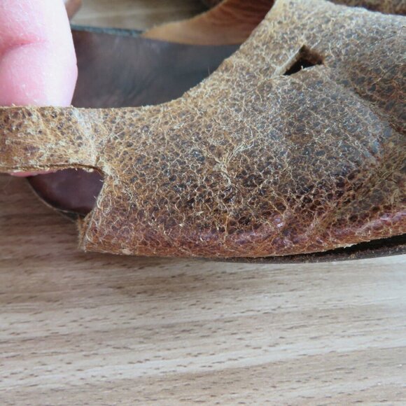 CYDWOQ VINTAGE Brown Leather Square Toe Ankle Strap Sandals Offbeat Quirky Boho - Picture 6 of 13